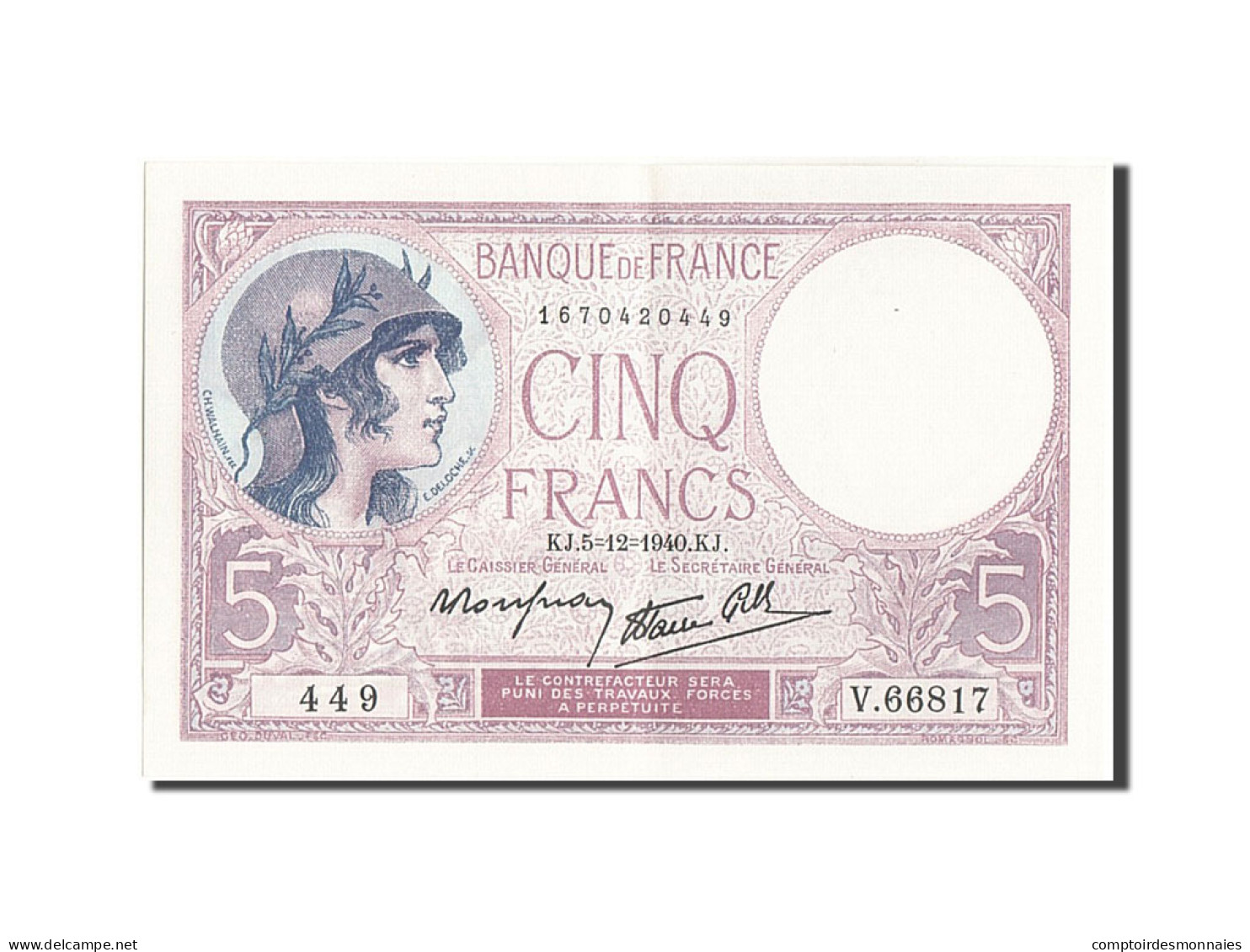 Billet, France, 5 Francs, 5 F 1917-1940 ''Violet'', 1940, 1940-12-05, SPL - 5 F 1917-1940 ''Violet''