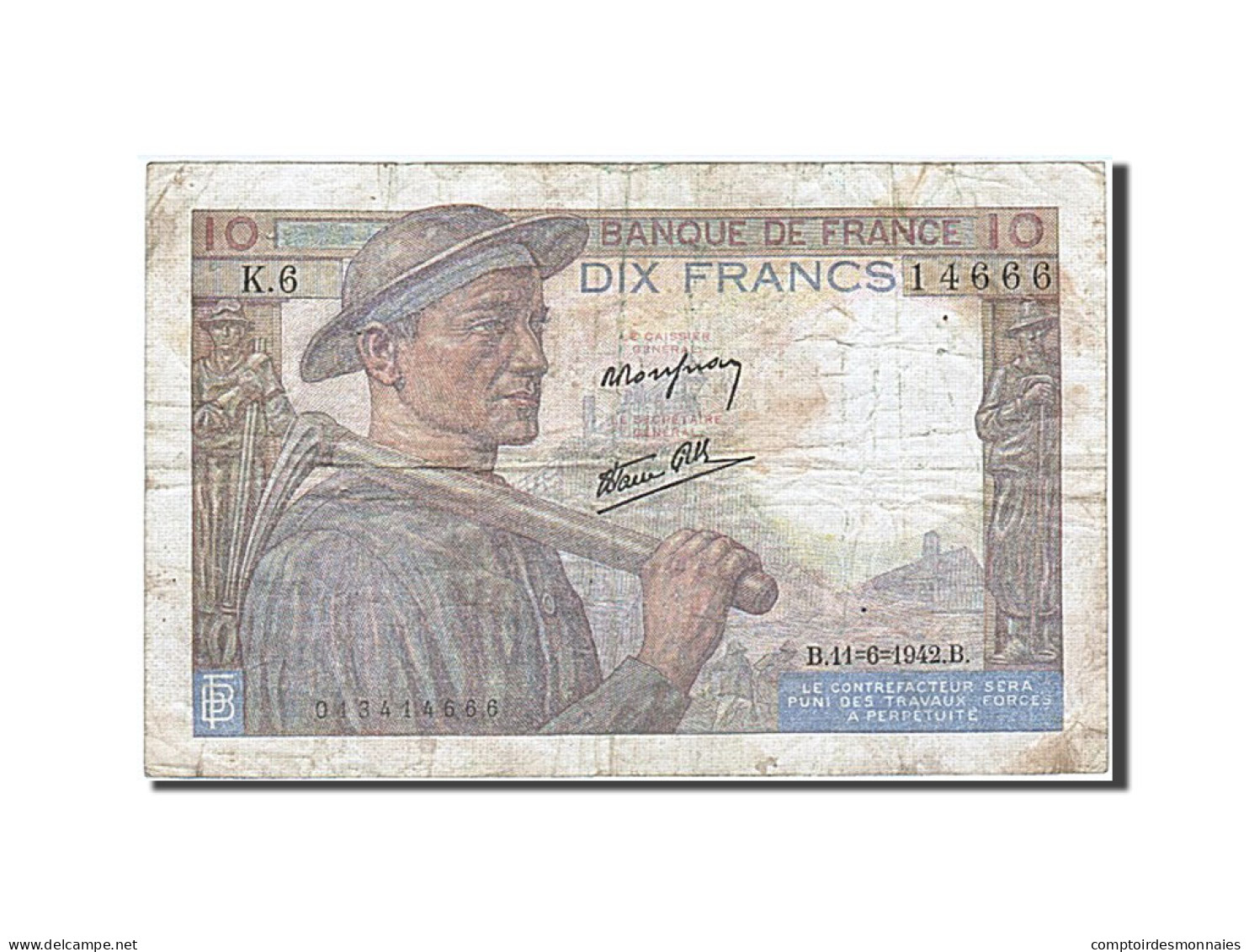 Billet, France, 10 Francs, 10 F 1941-1949 ''Mineur'', 1942, 1942-06-11, TB - 10 F 1941-1949 ''Mineur''