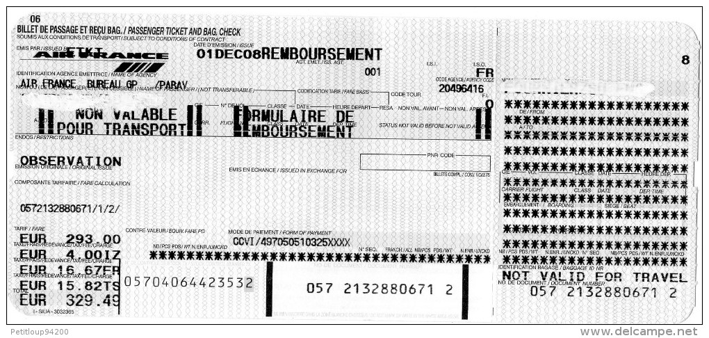 AIR FRANCE  Formulaire De Remboursement - Billetes