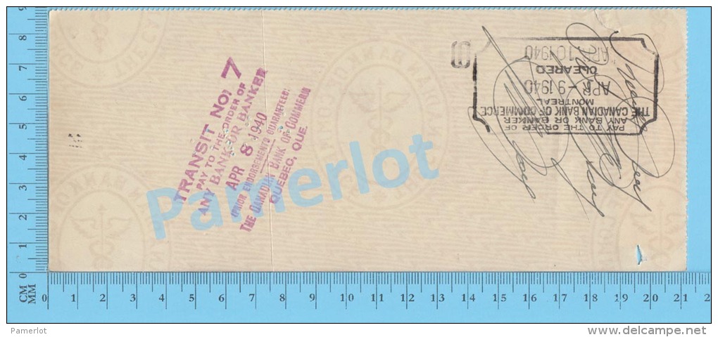 Sherbrooke 1940 Cheque ( $125, Banque Canadienne De Commerce,  Stamp  Strip 3X Scott #232 ) Quebec 2 SCANS - Cheques En Traveller's Cheques