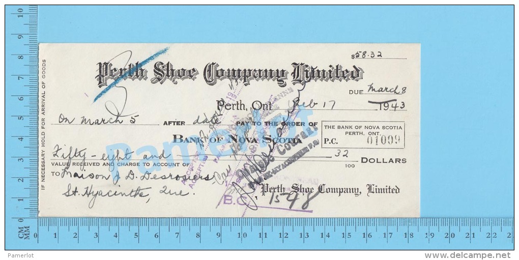 Perth 1943 Cheque ( $58.32 ,Maison Desrosiers , Perth Shoe Company Lte  ) Ontario Ont. 2 SCANS - Cheques & Traveler's Cheques