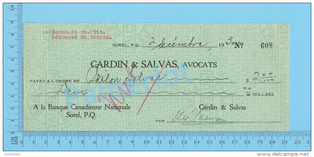 Sorel  Quebec Canada 1930 Cheque ( $2.00 ,Odilon Salvas, Cardin & Salvas Avocats  )2 SCANS - Cheques & Traveler's Cheques