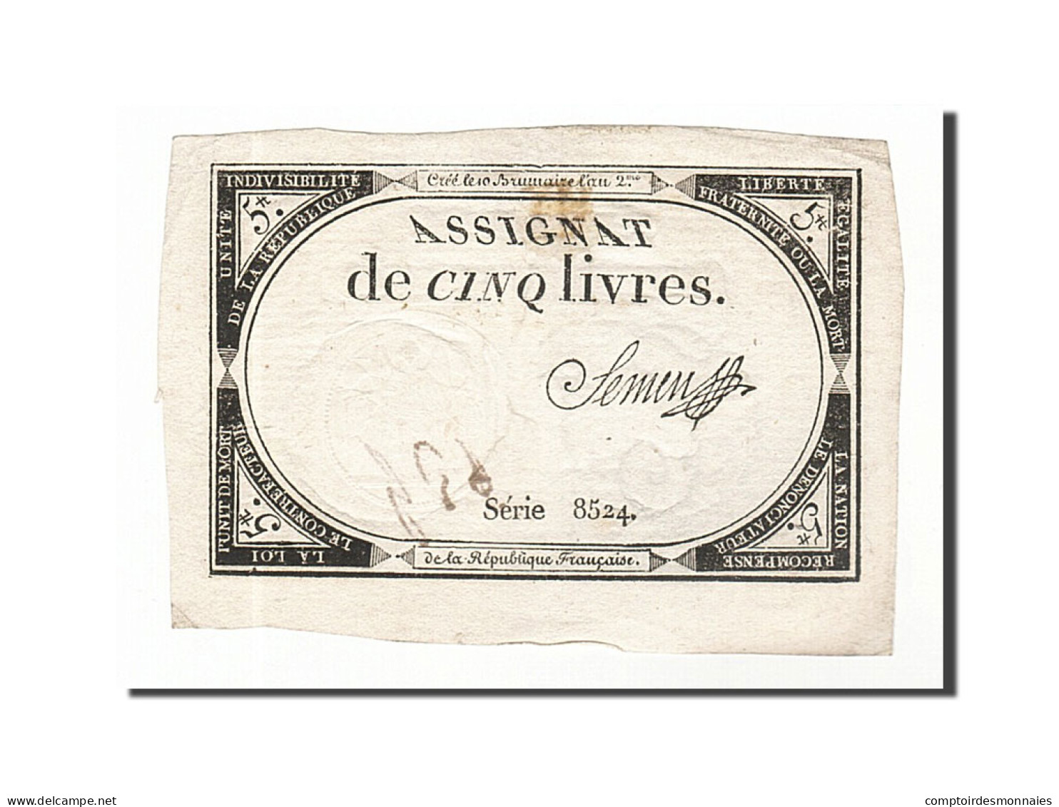 Billet, France, 5 Livres, 1793, Semen, TTB, KM:A76, Lafaurie:171 - Assignate