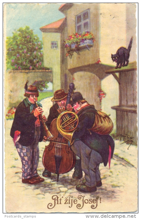 Namenstag "Josef", Musiker Mit Schwarzer Katze, Sign. Arthur Thiele - Thiele, Arthur