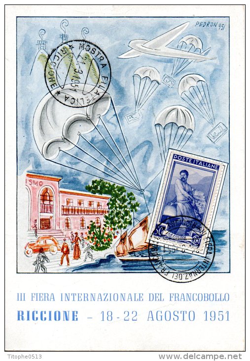 ITALIE. Superbe Carte Ayant Circulé En 1951. Parachutisme/Foire De Riccione. - Parachutespringen