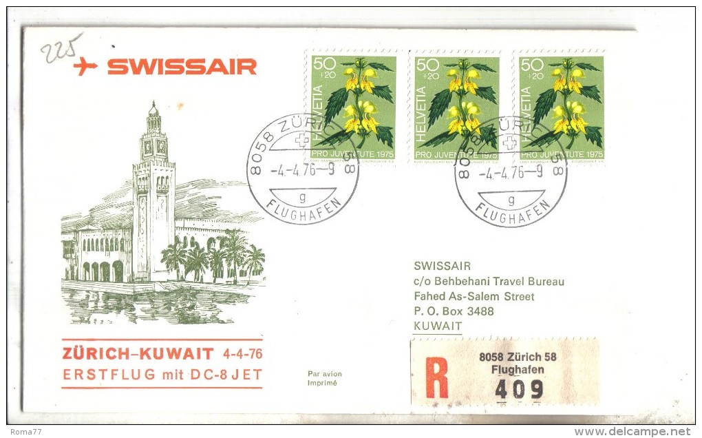 VOL225 - SVIZZERA 1976, Swissair Primo Volo Zurigo Kuwait. Raccomandata . - Eerste Vluchten