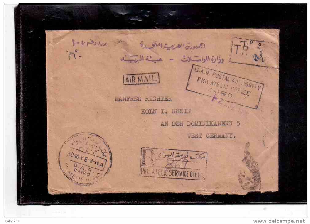TEM9178   -  EGYPT  POSTAL HYSTORY  -      REGISTERED  AIR MAIL COVER CAIRO/KOELN  30.10.1966 - Cartas & Documentos