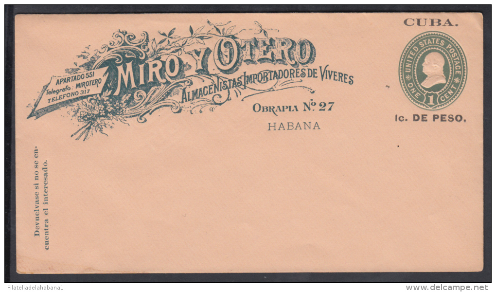 1899-EP-74. CUBA US OCCUPATION. 1899. ENTERO POSTAL IMPRESO MIRO US HABILITADO. 1c. Ed.46ip. TIPO A. POSTAL STATIONERY. - Lettres & Documents