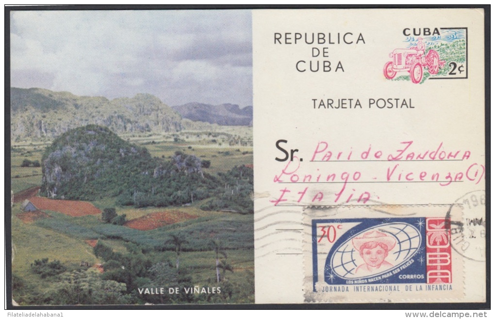 1963-EP-2. CUBA REVOLUCION. 1963. Ed.103. TURISMO. VIÑALES. TARJETA POSTAL A ITALIA. ITALY CON FRANQUEO COMPLEMENTARIO. - Covers & Documents