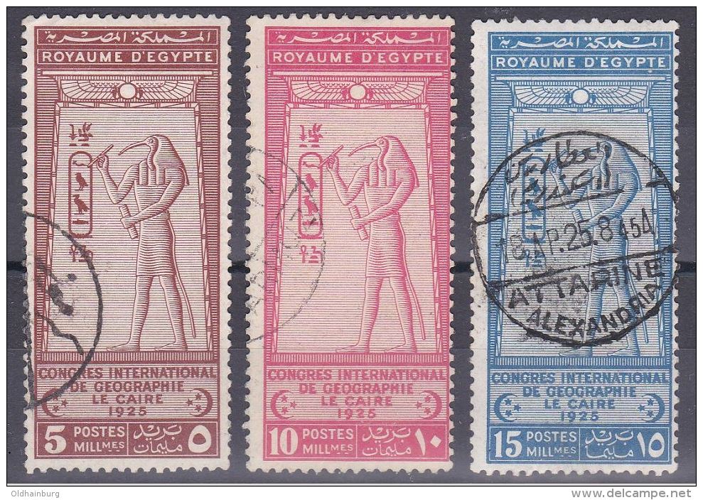 1345g: Ägypten 1925, Mi. 94- 96, Gott Toth, Geographenkongreß Kpl. Gestempelt, Mi. 65.- - Egyptologie