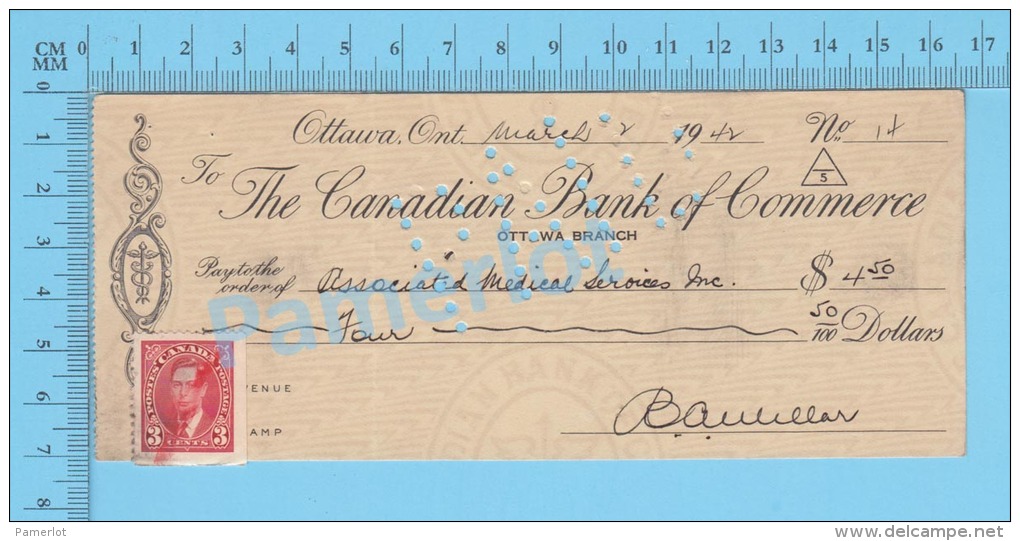 Ottawa, Cheque, 1942 ( $4.50, Association Médicale Services Inc, B.C.D.C..,  Stamp  #233) P. Quebec 2 SCANS - Cheques & Traveler's Cheques