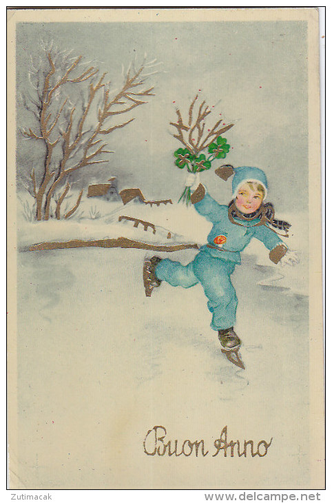 Vintage Figure Skating Postcard Buon Anno New Year 1940 - Patinage Artistique