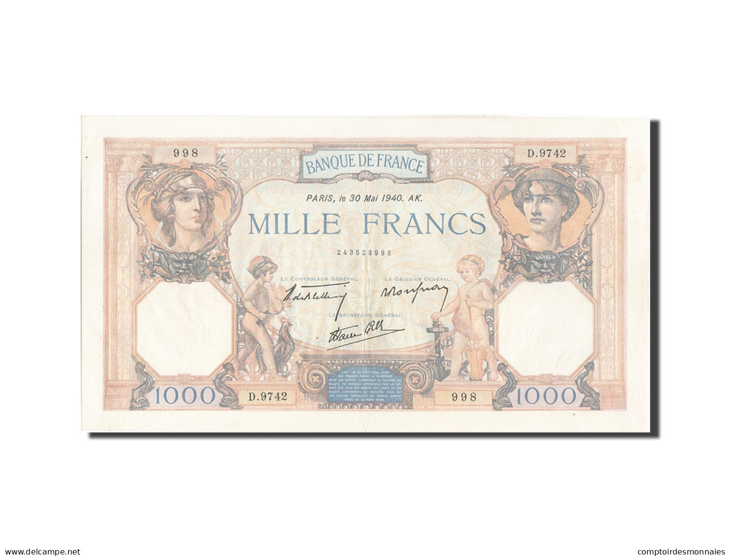 Billet, France, 500 Francs, 1 000 F 1927-1940 ''Cérès Et Mercure'', 1940 - 1 000 F 1927-1940 ''Cérès Et Mercure''