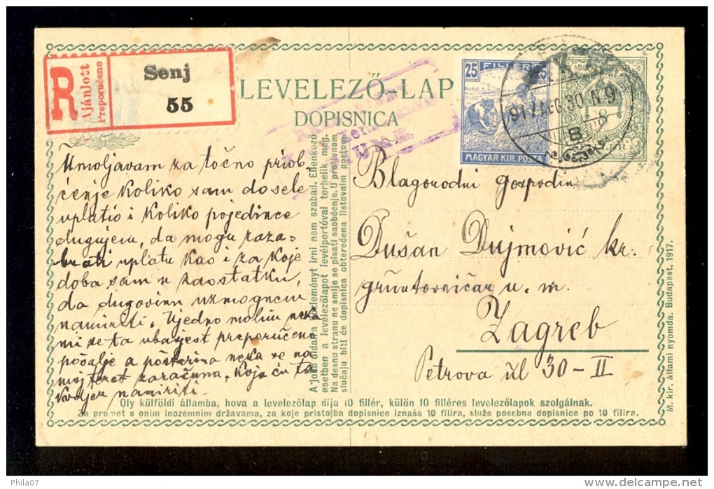 Hungary, Croatia - Stationery Sent By Registered Mail From Senj To Zagreb 1917. Censored With 'Fiume' Censorship. - Autres & Non Classés