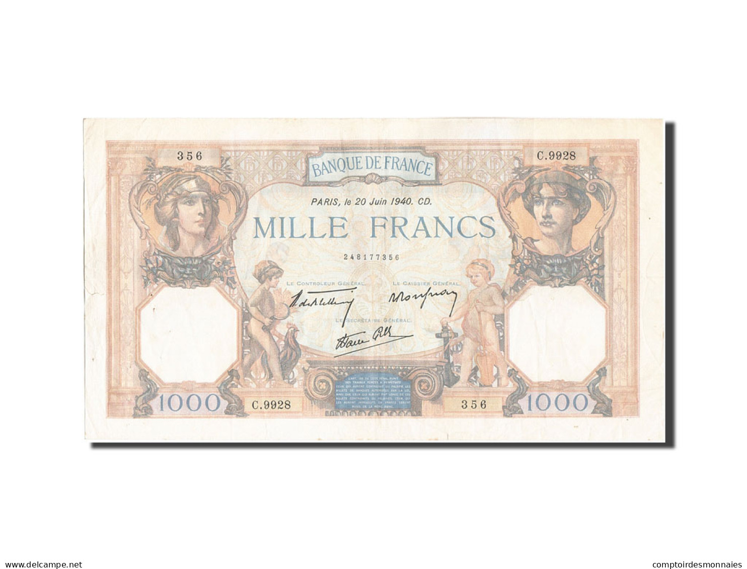 Billet, France, 1000 Francs, 1 000 F 1927-1940 ''Cérès Et Mercure'', 1940 - 1 000 F 1927-1940 ''Cérès Et Mercure''