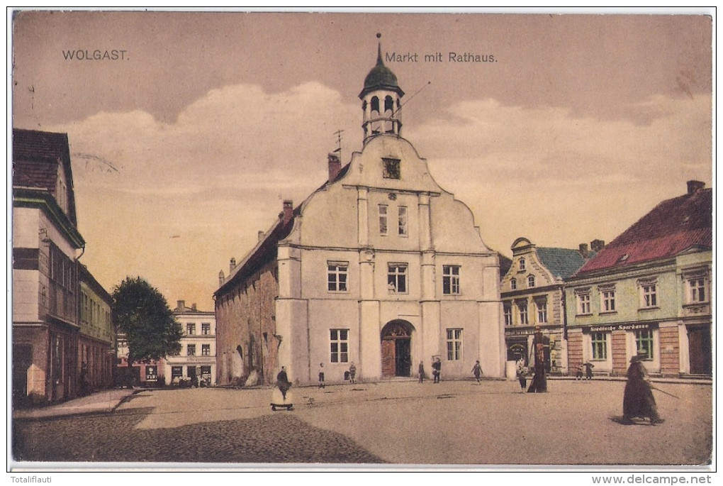 WOLGAST Pommern Markt Mit Rathaus Color Belebt 11.8.1925 Gelaufen - Wolgast