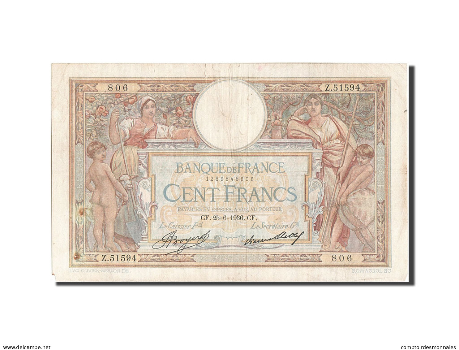 Billet, France, 100 Francs, 100 F 1908-1939 ''Luc Olivier Merson'', 1936 - 100 F 1908-1939 ''Luc Olivier Merson''