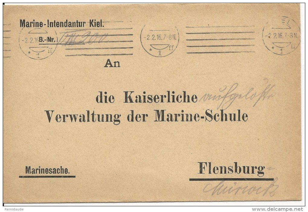 1916 - KRIEGSMARINE - MARINE ALLEMANDE - ENVELOPPE De La DIRECTION De La MARINE à KIEL Pour L'ECOLE De FLENSBURG - Feldpost (franchise)