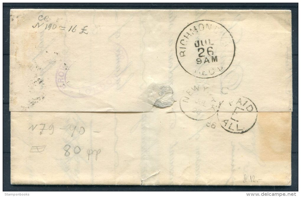 1886 GB QV Brown Shipping Company Cover London - Richmond Virginia Via New York USA - Covers & Documents