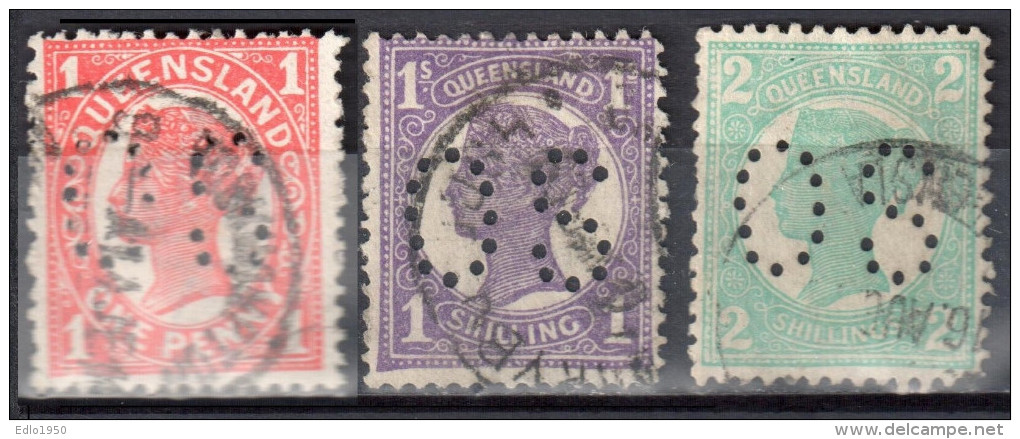 Queensland Australia 1907/10 Queen Victoria - Mi 115,122,123 - OS Official Punctured Perfin - Used - Used Stamps