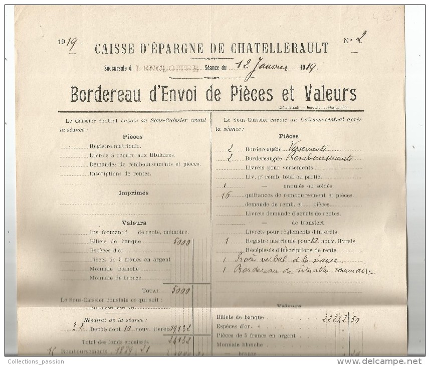 Bordereau D'envoi De Pièces Et Valeurs , Caisse D'Epargne De CHATELLERAULT , Vienne , 1919 , 37.5 X 24 - Sonstige & Ohne Zuordnung