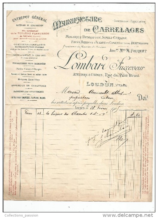 Facture , Manufacture De Carrelages , LOMBARD , LOUDUN , Vienne , 1905 - Andere & Zonder Classificatie