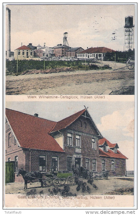 HÜLSEN Aller Zeche Wilhelmine Carlsglück Gasthof Zum Bahnhof 22.7.1915 Bahnpost CELLE - VERDEN ALLER ZUG 805 - Verden