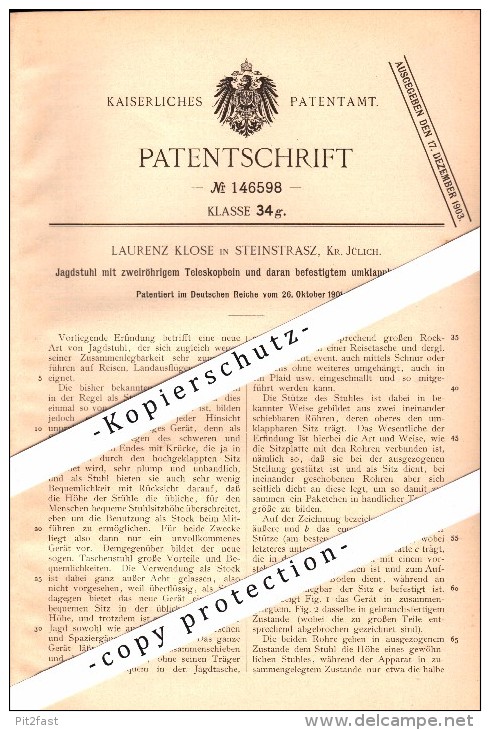 Original Patent - Laurenz Klose In Lich-Steinstraß B. Jülich , 1901 , Jagstuhl Mit Teleskop , Jagd !!! - Jülich