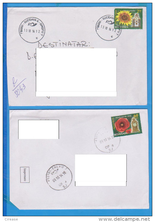 FLOVERS POPPY CLOCK SUNFLOWER STAMPS ON 2 X  COVER, 2014, ROMANIA - Brieven En Documenten