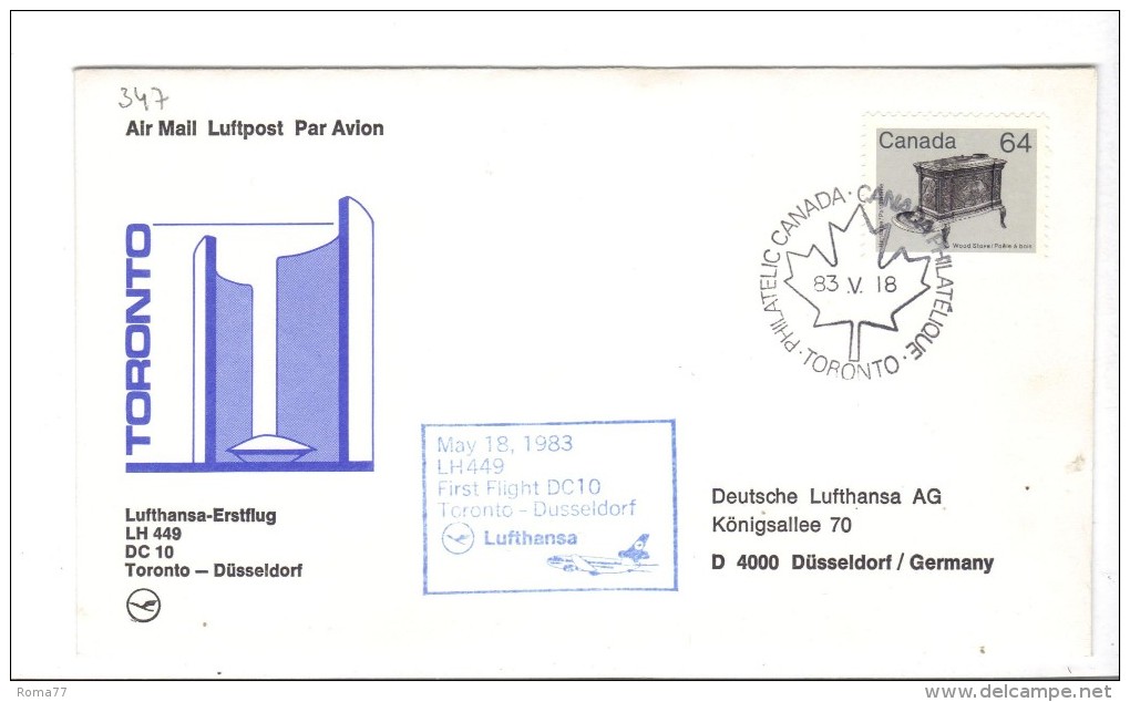 VOL347  - CANADA LUFTHANSA , Primo Volo Del 1983  Torontoo Dusseldorf . DC10 . Timbro D'arrivo - Eerste Vluchten