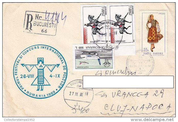 19653- PLANE, FOLKLORE COSTUME, HORSE DRESAGE, STAMPS ON REGISTERED COVER, 2001, ROMANIA - Lettres & Documents