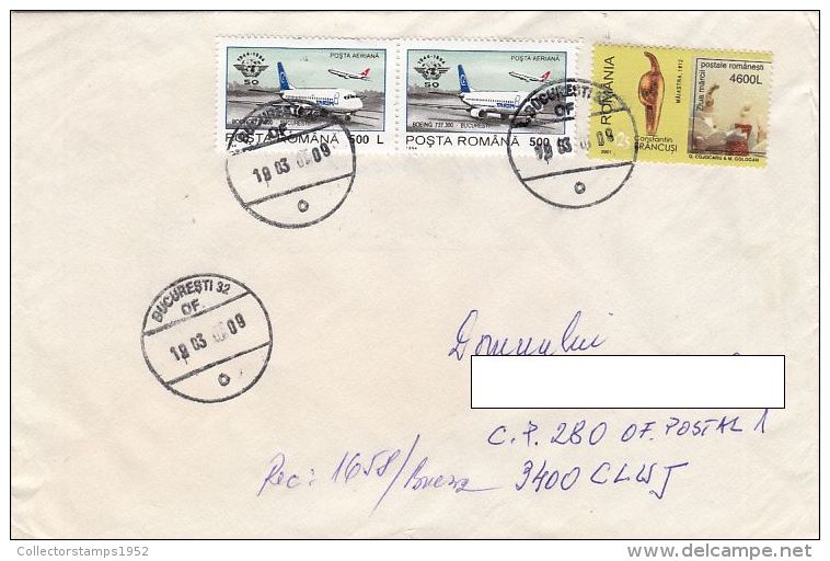 2056FM- PLANE, BRANCUSI SCULPTURES, STAMPS ON COVER, 2001, ROMANIA - Lettres & Documents