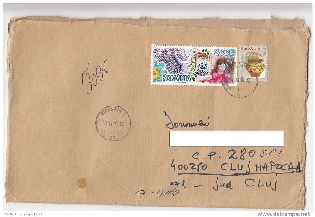 2065FM- NON-VIOLENCE INTERNATIONAL DAY, CERAMIC POT, STAMPS ON REGISTERED COVER, 2010, ROMANIA - Lettres & Documents