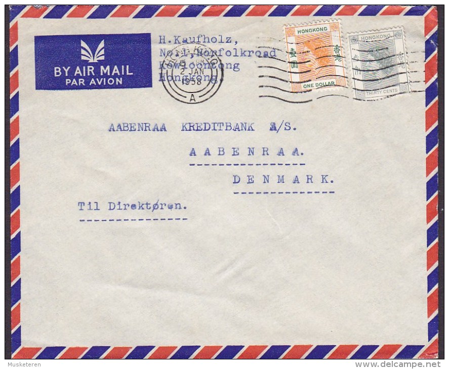 Hong Kong Air Mail Par Avion HONG KONG 1958 Cover Brief AABENRAA Denmark QEII 1 $ & 30c. Stamps - Storia Postale