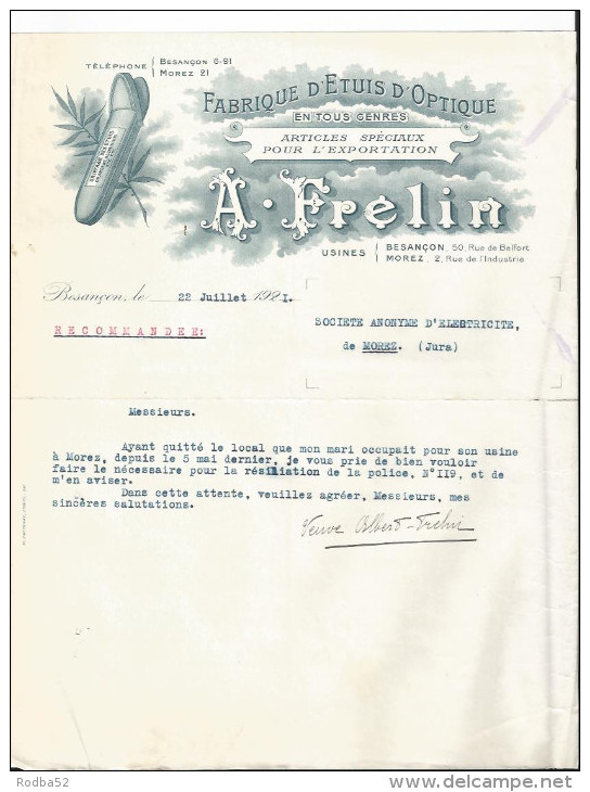 Lettre - Belle Entête - A. Frelin-Fabrique D'étuis D'optique-Usines Besançon Rue De Belfort Et Morez Rue De L'industrie - Electricité & Gaz