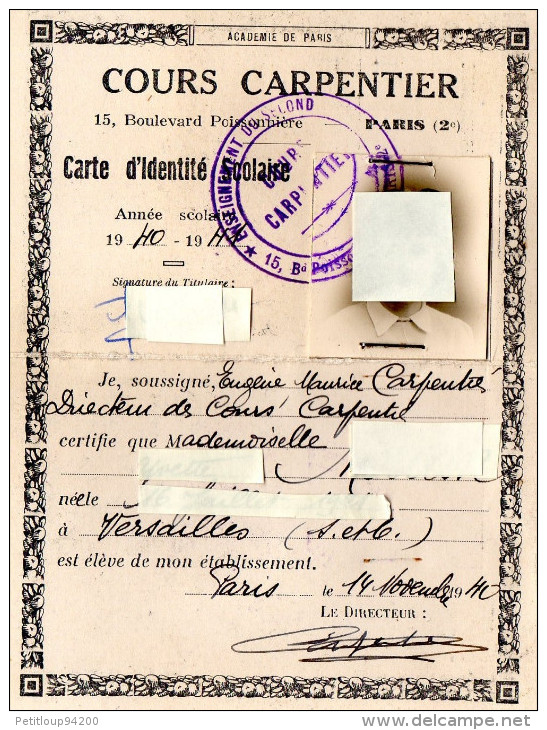 CARTE D'IDENTITE   COURS CARPENTIER   Enseignement Secondaire Libre  1940/1941  PARIS - Mitgliedskarten