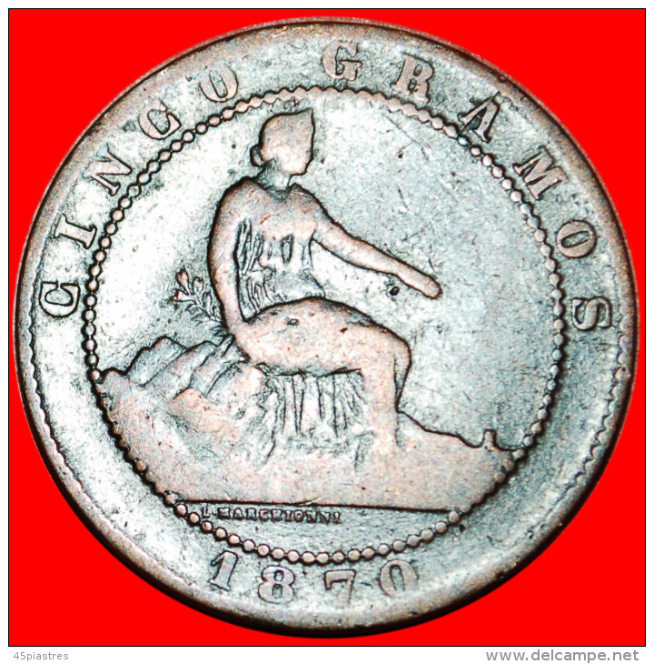 * REPUBLIC: SPAIN ★ 5 CENTIMOS 1870 OM! LOW START&#9733;NO RESERVE! - First Minting