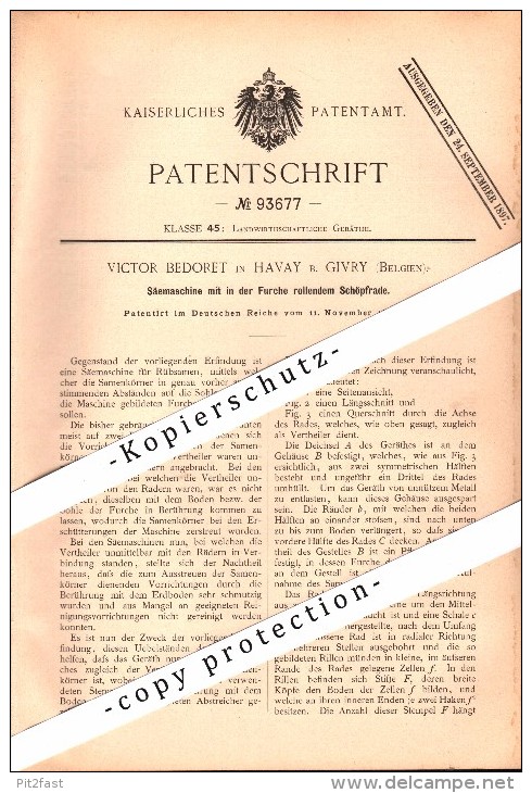 Original Patent - Victor Bedoret In Havay B. Givry , Quévy , 1896 , Säemaschine Für Landwirtschaft , Agrar !!! - Quevy