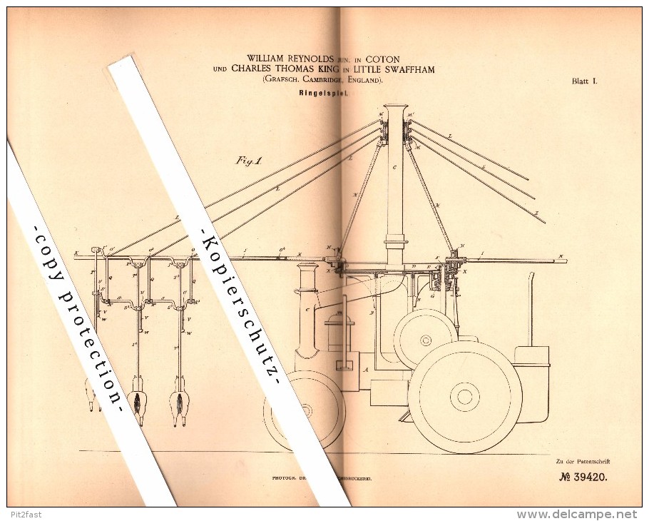 Original Patent - W. Reynolds In Coton Und Ch. King In Little Swaffham , 1886 , Carousel , Karussell  !!! - Andere & Zonder Classificatie