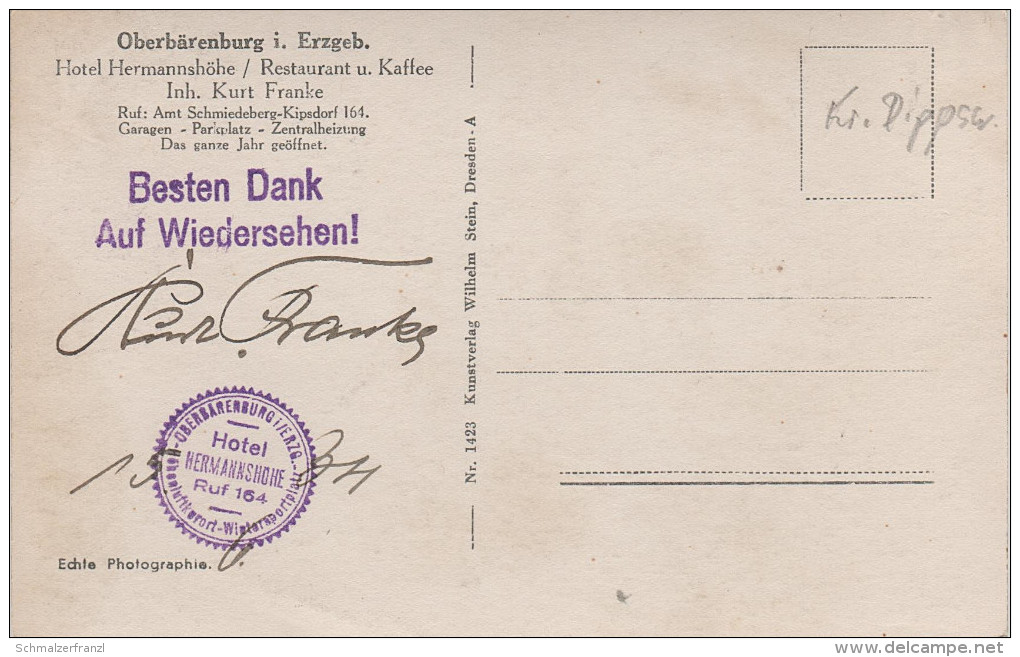 AK Oberbärenburg Gasthof Hermannshöhe Autogramm Kurt Franke Bei Bärenfels Kipsdorf Schellerhau Falkenhain Altenberg - Kipsdorf