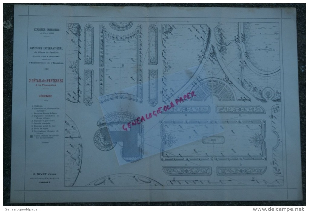 87- LIMOGES - RARE PLAN H. NIVET JEUNE- ARCHITECTE-PAYSAGISTE- EXPOSITION UNIVERSELLE PARIS 1900- PARTERRES LA FRANCAISE - Architecture