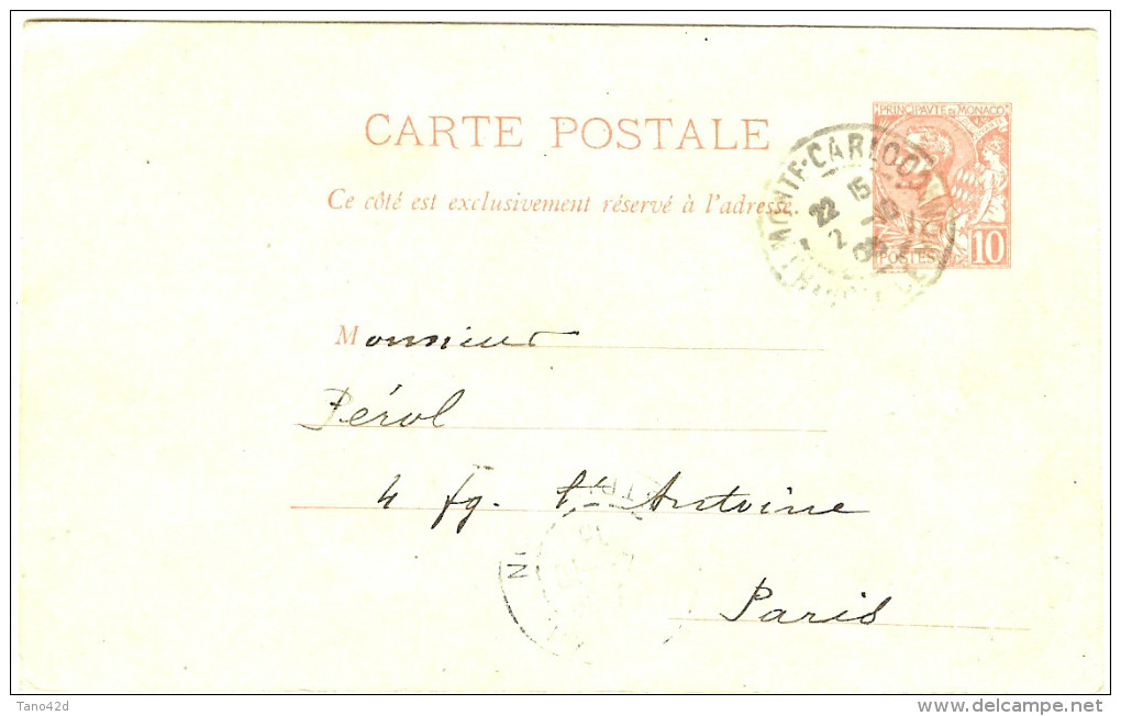 LPP7/B - MONACO EP CP MONTE CARLO / PARIS 2/10/1903 - Storia Postale