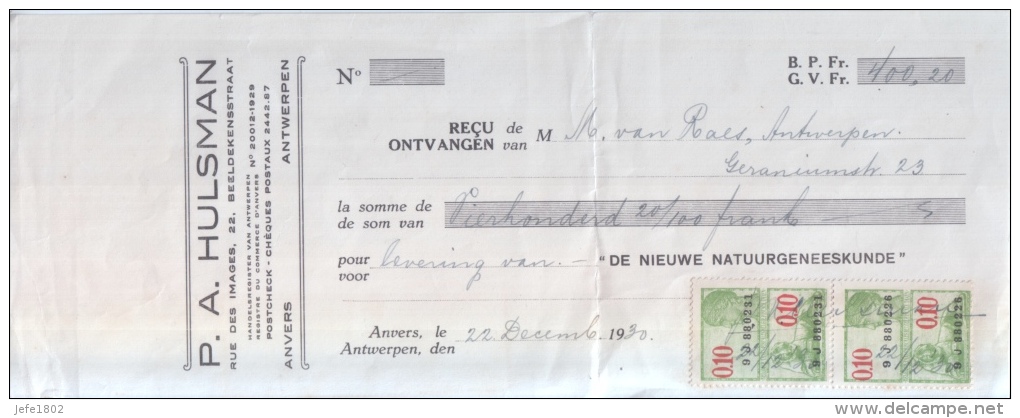 Fiscale Zegels - 0,10 Francs - Cancelled 22-12-1930 - Andere & Zonder Classificatie