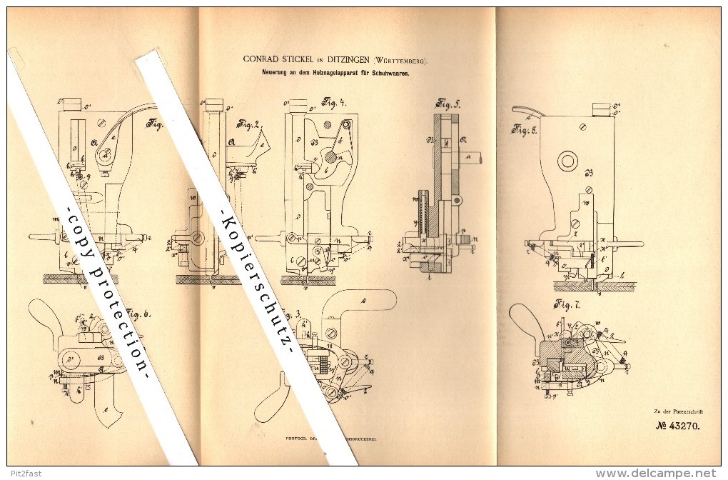 Original Patent - C. Stickel In Ditzingen , Württemberg , 1887 , Holznagelapparat Für Schuhwaaren , Schuhmacher  !!! - Ditzingen