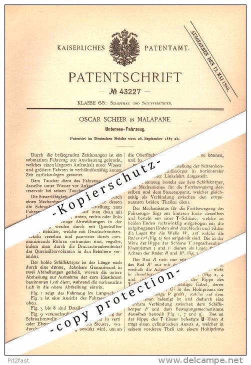 Original Patent - Oscar Scheer In Malapane / Ozimek , Schlesien , 1887 , Untersee-Fahrzeug , U-Boot , Unterseeboot  !!! - Boten