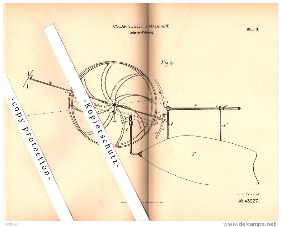 Original Patent - Oscar Scheer In Malapane / Ozimek , Schlesien , 1887 , Untersee-Fahrzeug , U-Boot , Unterseeboot  !!! - Boten
