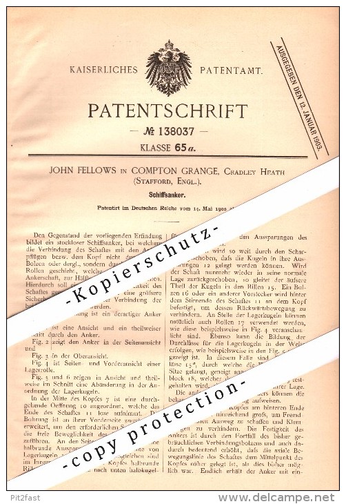 Original Patent - John Fellows In Compton Grange , Stafford , 1902 , Ship Anchor !!! - Boten