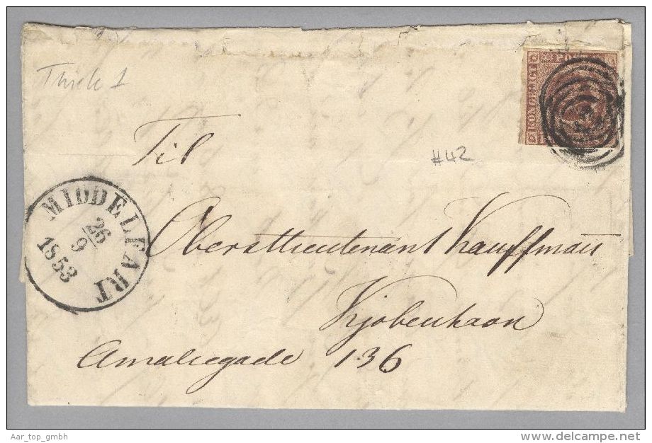 Dänemark 1853-09-26 Middelfart Brief Mit Mi#1IIa 3k-Ring-O #42 Nach Kopenhagen - Covers & Documents