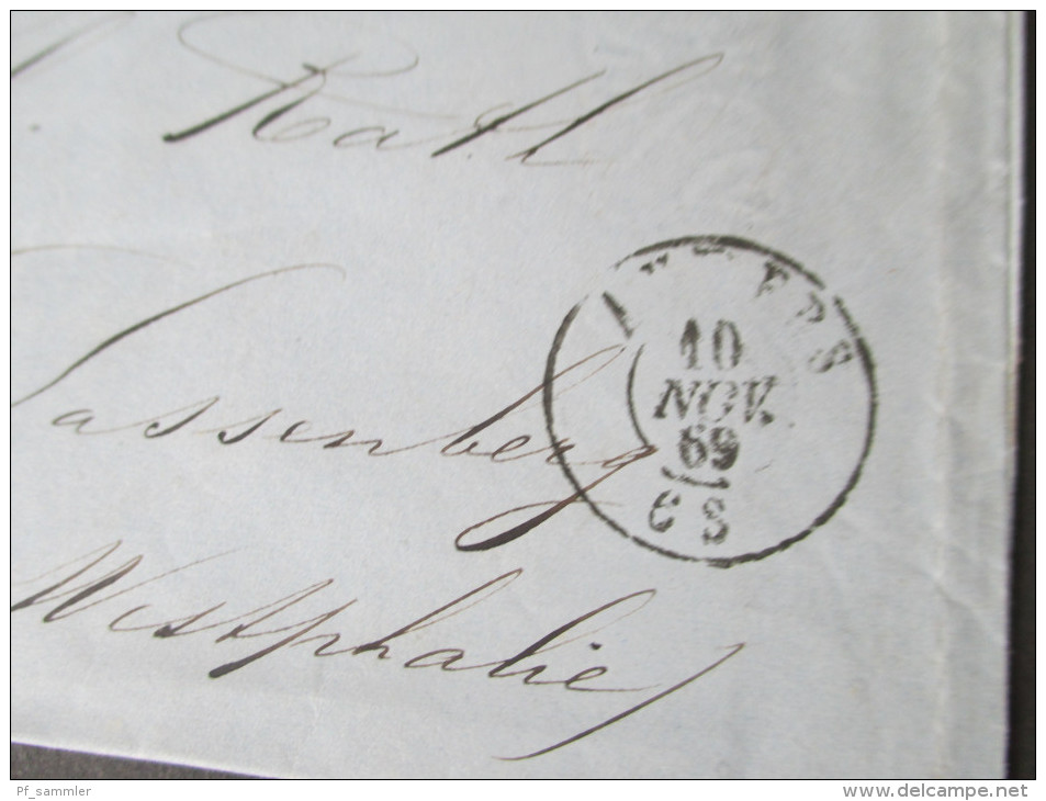 Belgien 1869 Nr. 15 EF. P.D. Anvers Nach Sassenberg. C. Schmid&Co. Geschäftsbrief. Rechnung. Papier Mit Wasserzeichen - 1865-1866 Profile Left