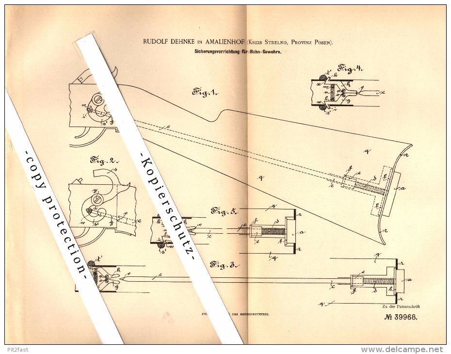 Original Patent -Rudolf Dehnke In Amalienhof B. Strelno / Strzelno , 1886 , Sicherung Für Gewehre , Jagd , Gewehr !!! - Posen